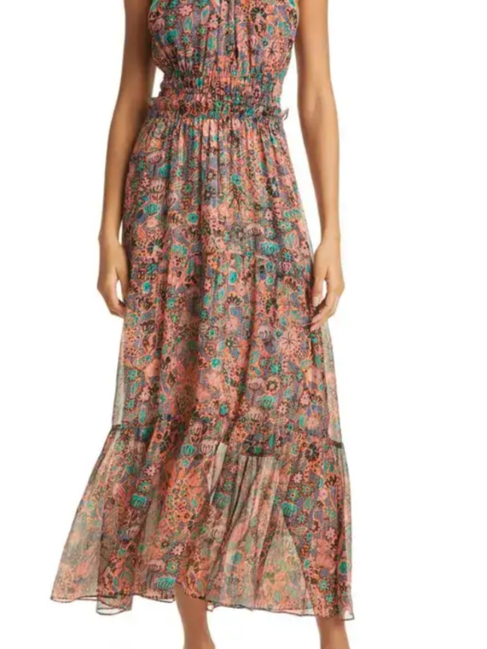 A.L.C. Elara Floral Halter Neck Silk Metallic Wedding Guest Dress Coral